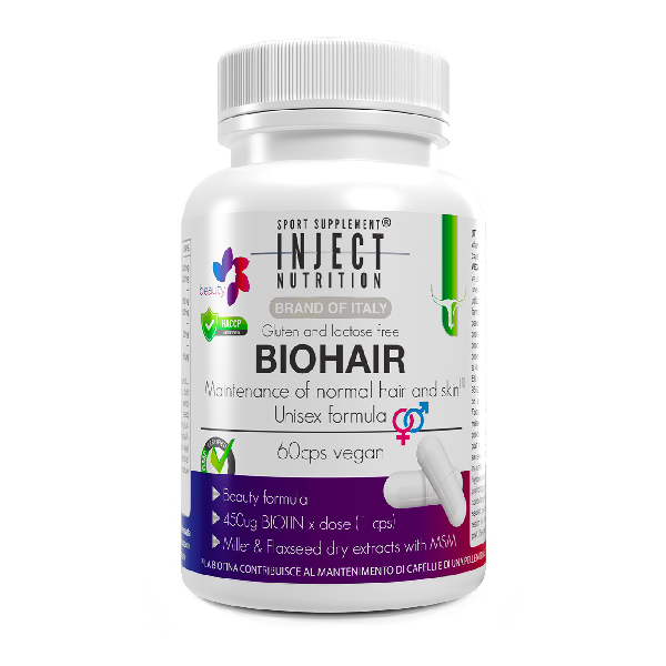 Biohair contiene la biotina che contribuisce al benessere di pelle e capelli. Favorisce il funzionamento del sistema nervoso e la normale funzione psicologica. inject, emysport